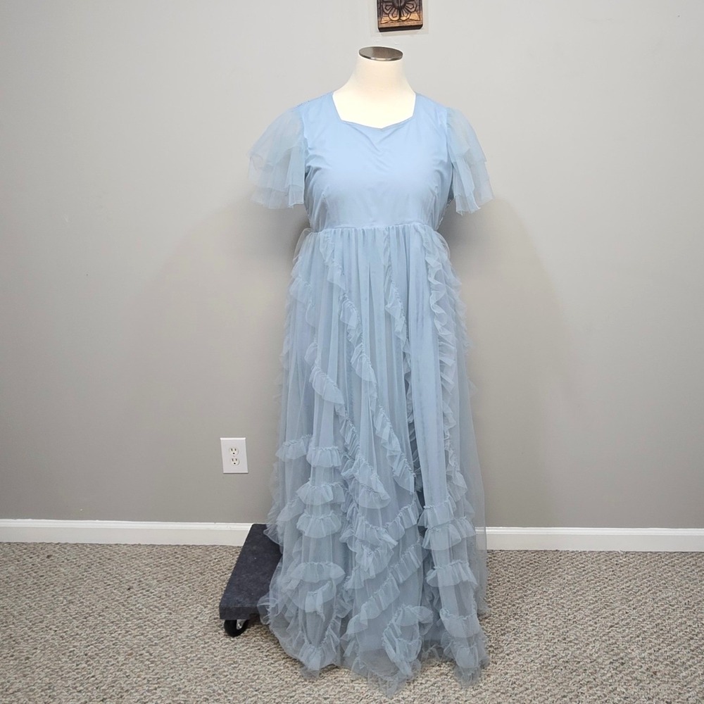 JessaKae Tulle Maxi Dress Plus Size 3XL Baby Blue Flutter Ruffle Romantic Fairy